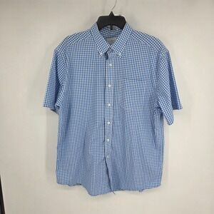 LL Bean Mens Large Blue White Gingham Short Sleeve Button Down Shirt 280483
